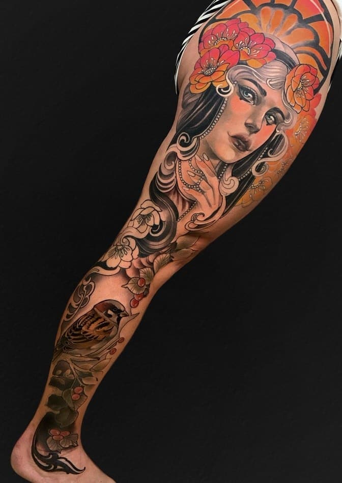 NEOTRADITIONAL WOMAN TATTOO FULL LEG SLEEVE
