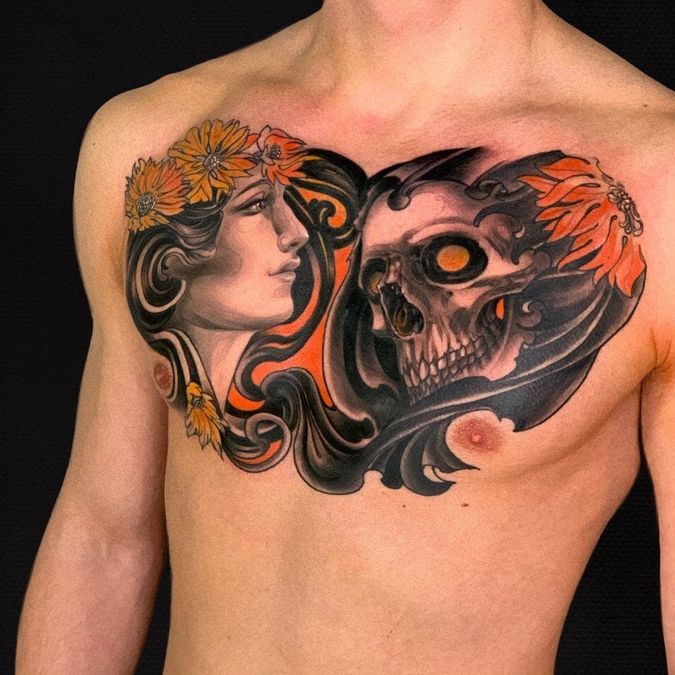 WOMAN AND SKULL NEOTRADITIONAL TATTOO ON THE CHEST
